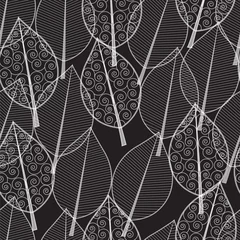 Tapeten Skelettblätter nahtloses dunkles Muster aus weißen transparenten Blättern