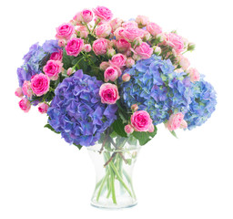 bouquet fresh pink roses and blue hortensia flowers