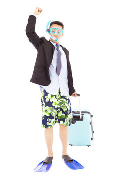 Businessman Put On  Scuba Gear And Raise Hand