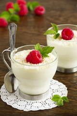 Panna cotta with raspberry and coconut.