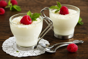 Panna cotta with raspberry and coconut.
