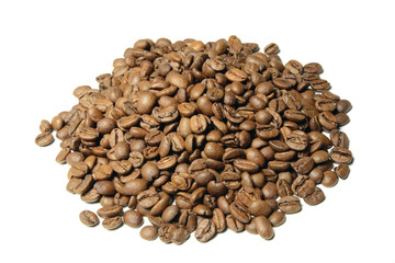 Heap of brown coffee beans isolated on white