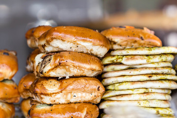 Fresh bread on a market stail closeup. Various  bread with Whole