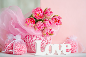 Pink flowers and handmande love letters