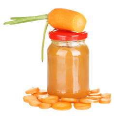 Jar with carrot baby food isolated on white