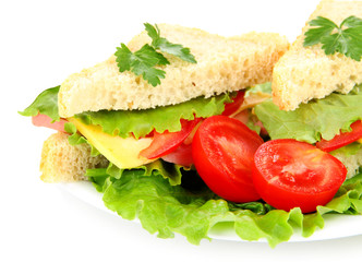 Fresh and tasty sandwiches on plate isolated on white