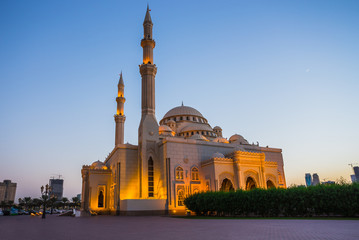 Al Noor Mosque in Sharjah at night