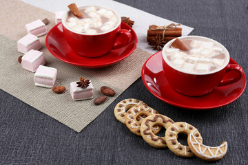 Cups of hot chocolate with marshmallows