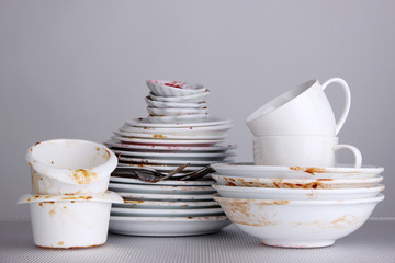 Dirty dishes on gray background