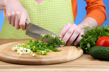 Female hands chopping onion