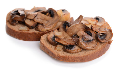 Delicious bruschetta with mushrooms isolated on white