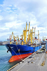 Fototapeta premium Bulk cargo ship under port crane bridge, Odessa, Ukraine