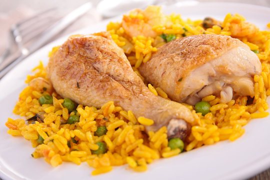 rice with pea and chicken leg