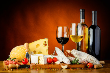 Traditional food, cheese, sausages and wine