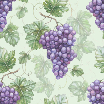 Seamless pattern with watercolor illustration of grapes