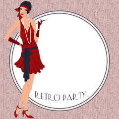 Retro flappper girl, party invitation poster