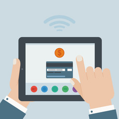 credit card mobile payment hand holding tablet flat design