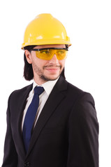 Businessman-builder in protective glasses  isolated on white