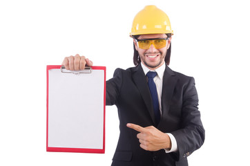 Businessman -builder  with binder  isolated on white