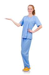 Pretty doctor  in blue uniform holding hands  isolated on white