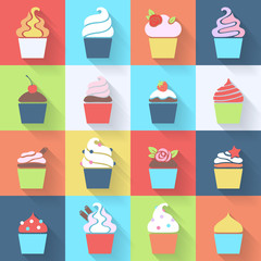 Cupcakes icons set in flat style.