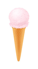 Strawberry ice cream in waffle cone.