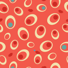Seamless ovals and birds pattern - red color.