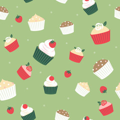 Seamless cupcakes and berries background - green color.