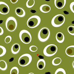 Seamless ovals and birds pattern - green color.