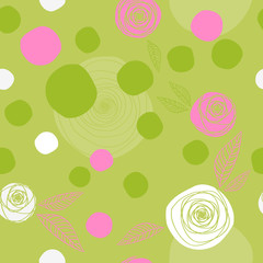 Flowers & circles seamless pattern. Pink, green & white colors.