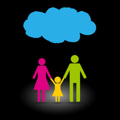 Family icon with rainy cloud on black background.