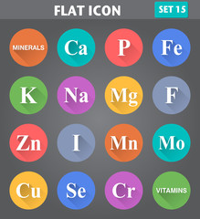Minerals (Vitamins) Icons set in flat style with long shadows.