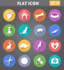 Veterinary Pet Icons set in flat style with long shadows.