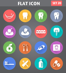 Dental Icons set in flat style with long shadows.
