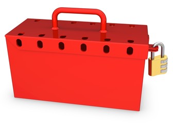 3d red locked box with golden padlock