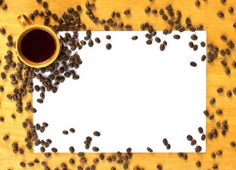 Blank paper and coffee cup on wood table