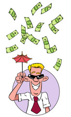 Business man under money rain with umbrella