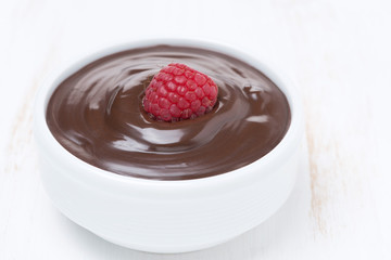 chocolate sauce and fresh raspberries on white wooden table