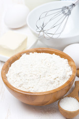 flour, salt, sugar, butter and eggs for baking