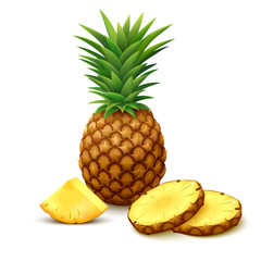 Pineapple with slices on white background - obrazy, fototapety, plakaty