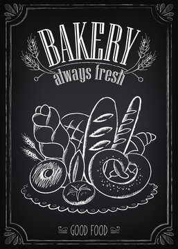 Vintage Bakery Poster with pastry. Freehand drawing