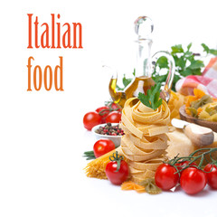 Italian pasta nest, cherry tomatoes, spices, olive oil, cheese