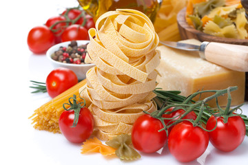 Italian pasta nests, vegetables and parmesan