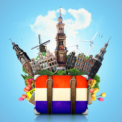 Naklejka premium Holland, Amsterdam landmarks, travel and retro suitcase