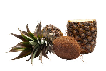 Single coconut and half-cut pineapple