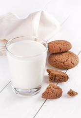 Milk in a glass and oatmeal cookies