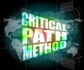 critical path method words on digital screen with world map