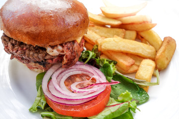 American cheese burger with Golden French fries