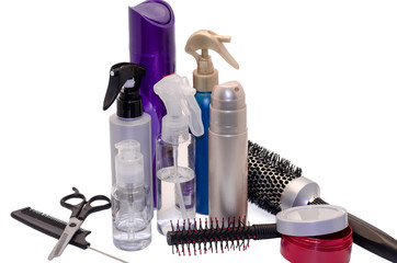 gel, hairbrush and balms for hair dressing the isolated