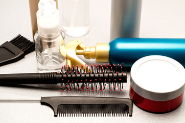 gel, hairbrush and balms for hair dressing